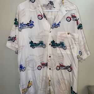 ALOHAS White and Blue Casual Button Down Shirt with Vintage Motorcycle Print